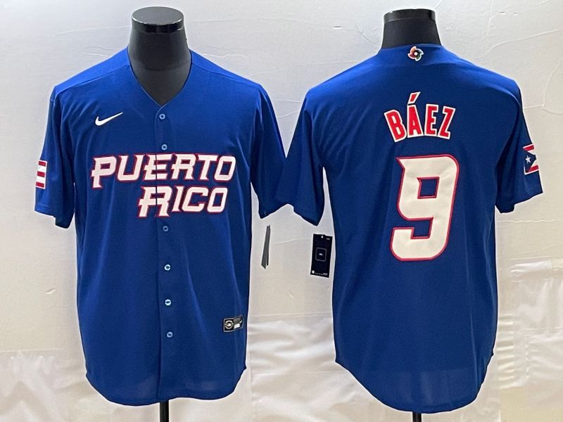 Men 2023 World Cub Puerto Rico #9 Baez Blue Nike MLB Jersey3->->MLB Jersey
